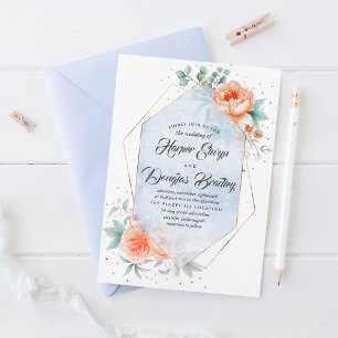 Dusty Blue and Living Coral Floral Modern Wedding Invitation