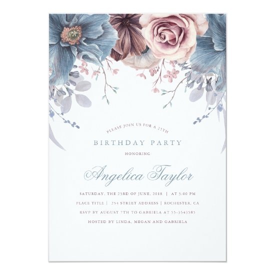 Dusty Blue and Mauve Floral Birthday Party Invitation