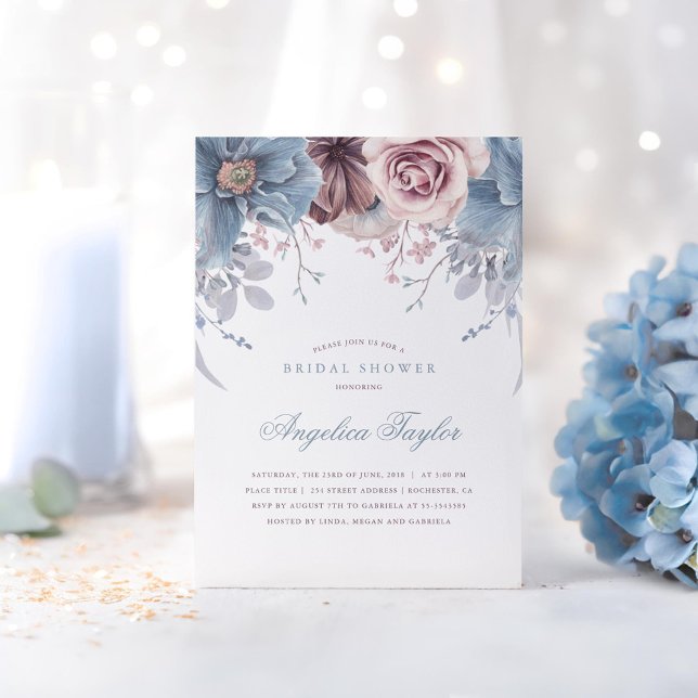 Dusty Blue and Mauve Floral Bridal Shower Invitation (Dusty Blue and Mauve Floral Bridal Shower)