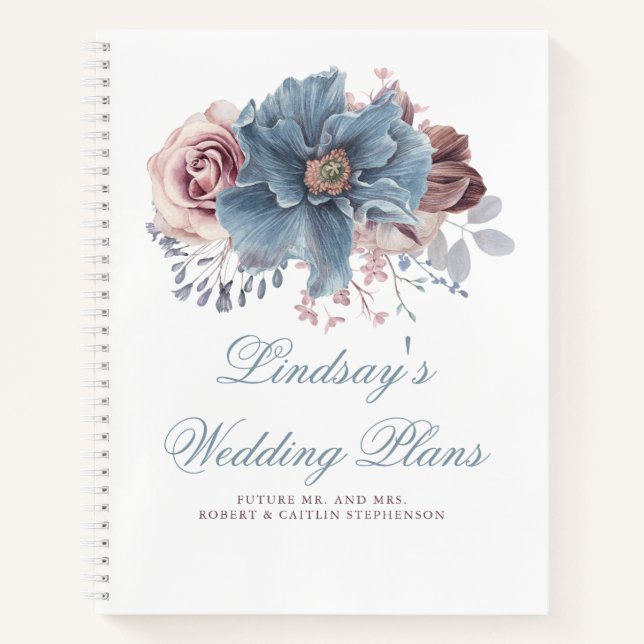 Dusty Blue and Mauve Floral Elegant Modern Notebook (Front)
