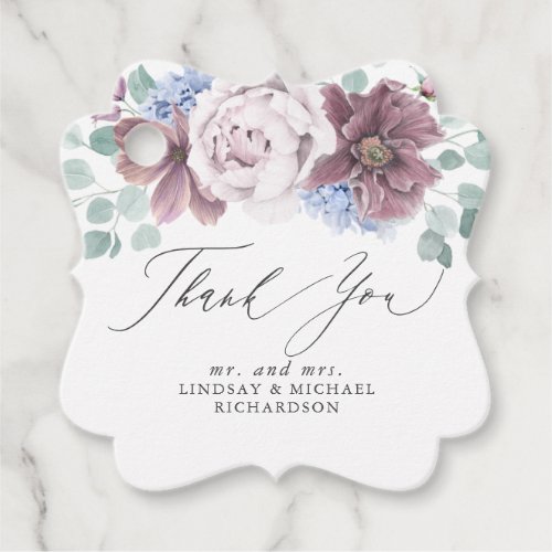 Dusty Blue and Mauve Floral Elegant Thank You Favor Tags