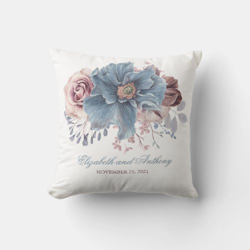 Dusty Blue and Mauve Floral Elegant Watercolor Throw Pillow