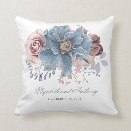 Dusty Blue and Mauve Floral Elegant Watercolor Throw Pillow