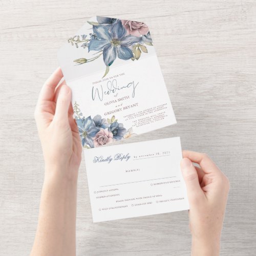 Dusty Blue and Mauve Floral Elegant Wedding All In All In One Invitation