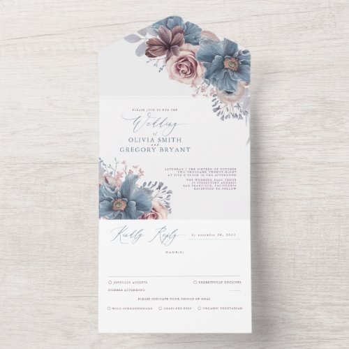 Dusty Blue and Mauve Floral Elegant Wedding All In One Invitation