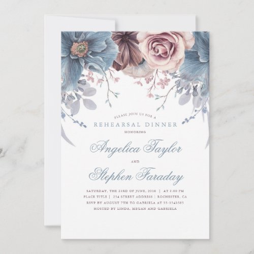 Dusty Blue and Mauve Floral Rehearsal Dinner Invitation