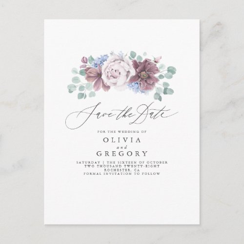 Dusty Blue and Mauve Floral Save The Date Card