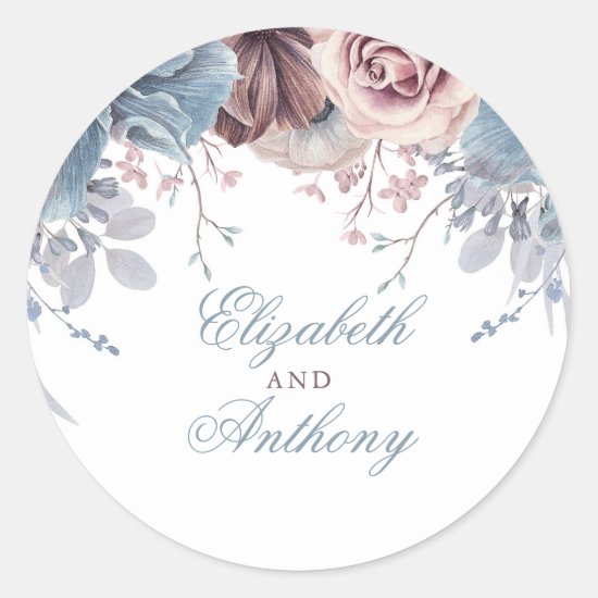 Dusty Blue and Mauve Floral Wedding Classic Round Sticker
