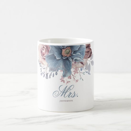 Dusty Blue and Mauve Floral Wedding MRS or MR's Coffee Mug