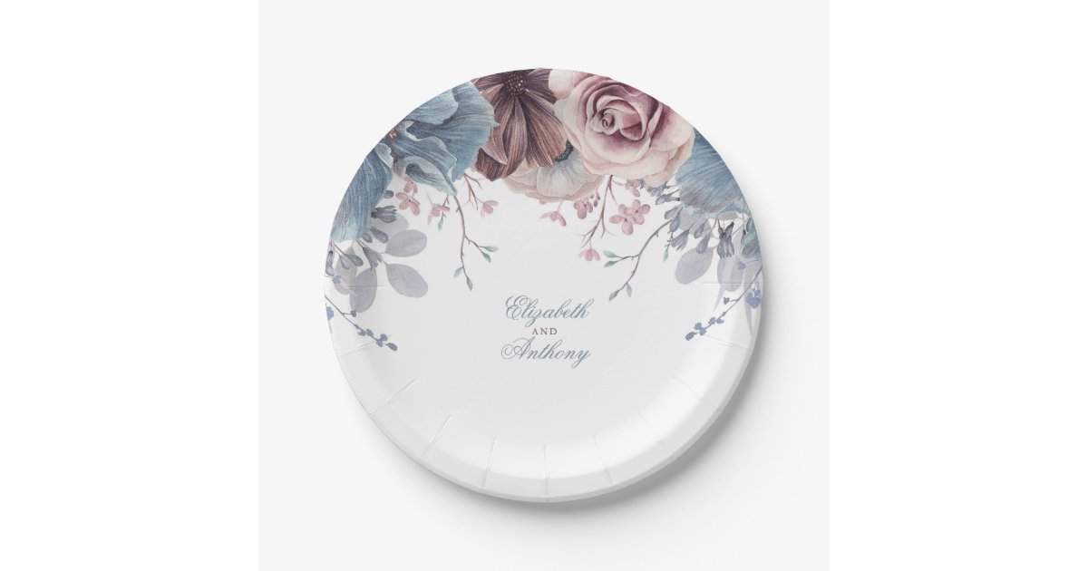 Dusty Blue and Mauve Floral Wedding Paper Plates | Zazzle