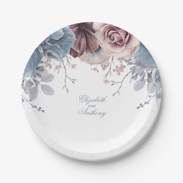 Dusty Blue and Mauve Floral Wedding Paper Plates (Front)
