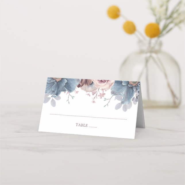 Dusty Blue and Mauve Floral Wedding Place Card (Front)
