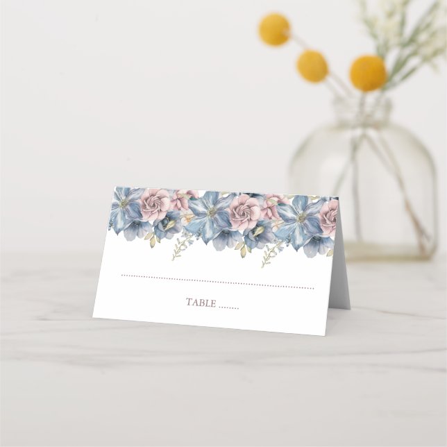 Dusty Blue and Mauve Floral Wedding Place Card (Front)