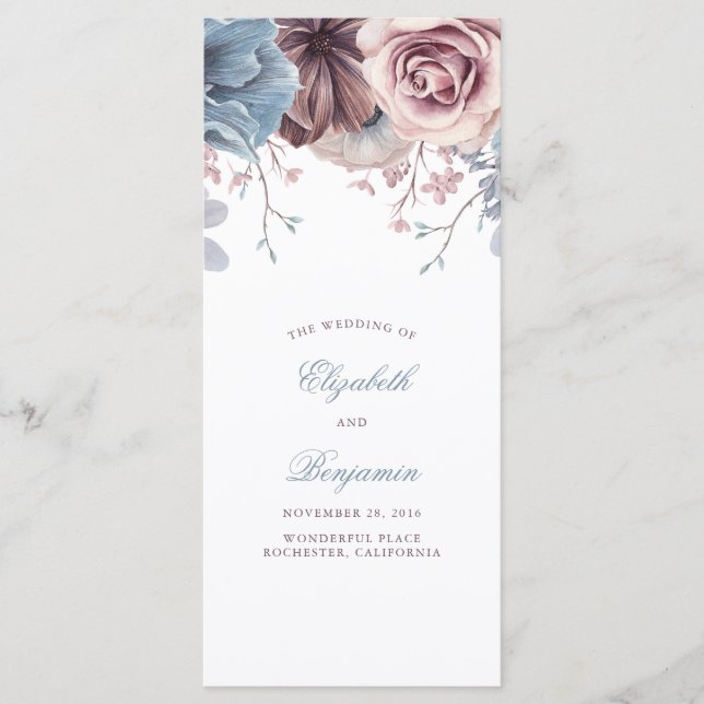 Dusty Blue and Mauve Floral Wedding Programs (Front)