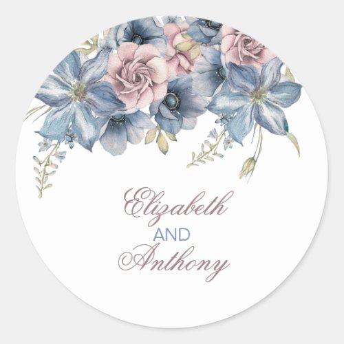 Dusty Blue and Mauve Watercolor Floral Wedding  Classic Round Sticker