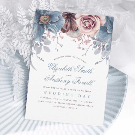 Dusty Blue And Mauve Watercolor Floral Wedding Invitation