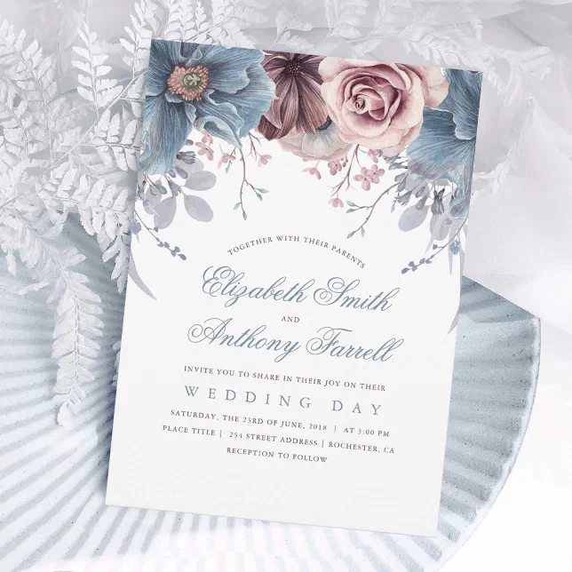 Dusty Blue and Mauve Watercolor Floral Wedding Invitation | Zazzle