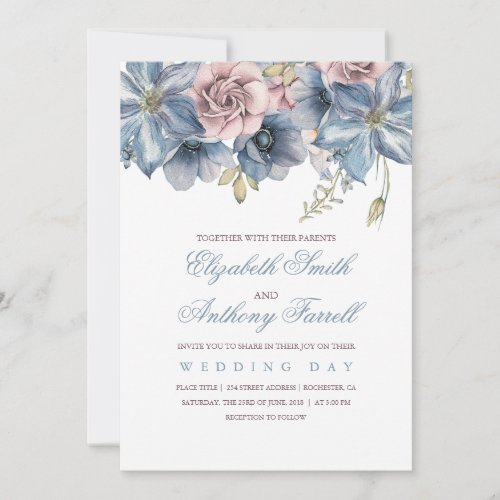 Dusty Blue and Mauve Watercolor Floral Wedding  Invitation