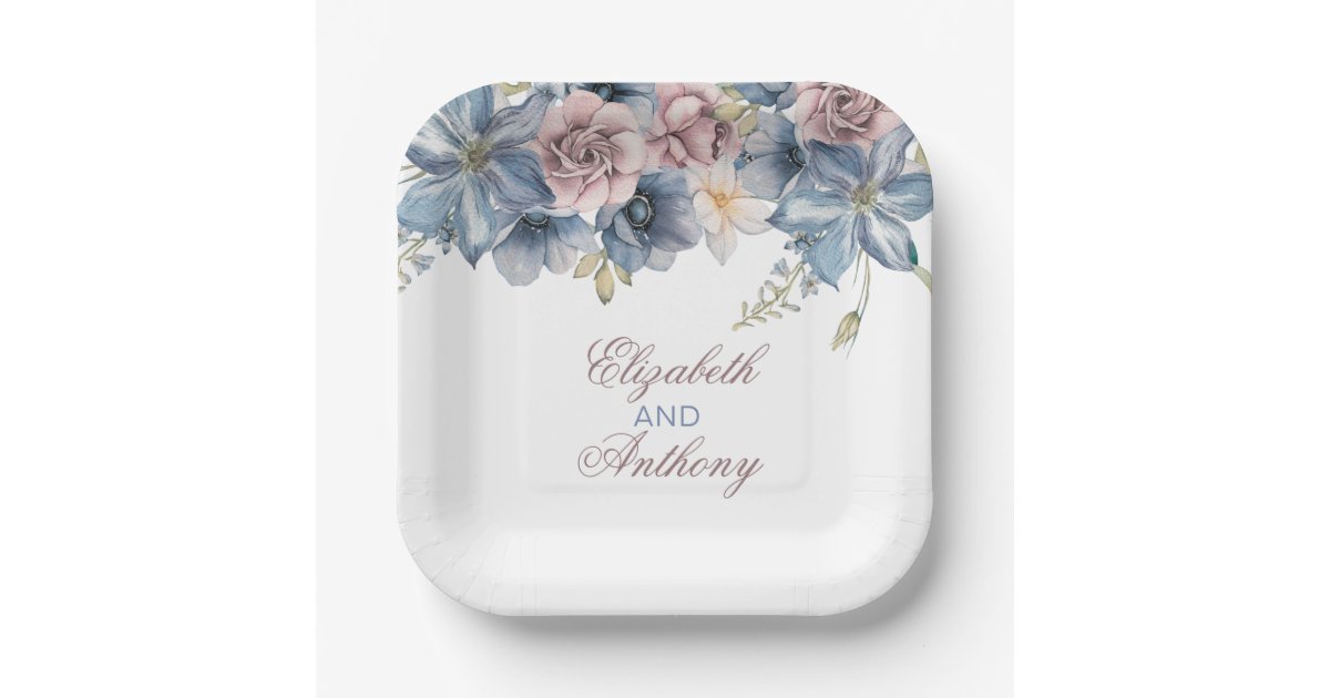 Dusty Blue and Mauve Watercolor Floral Wedding Paper Plates | Zazzle