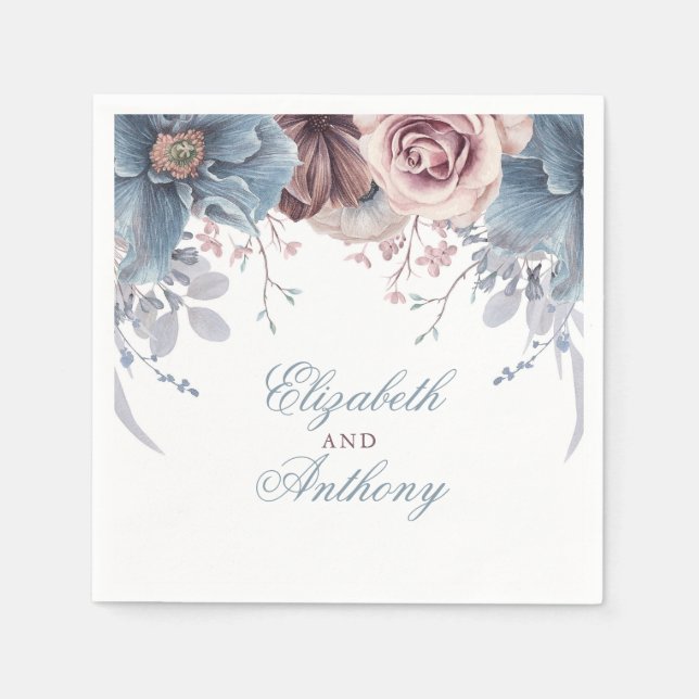 Dusty Blue and Mauve Watercolor Flowers Napkins (Front)