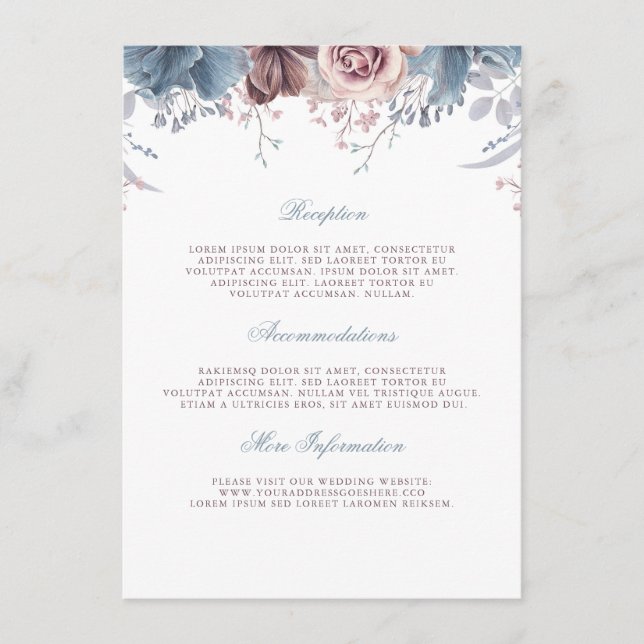 Dusty Blue and Mauve Wedding Information Guest Enclosure Card (Front)