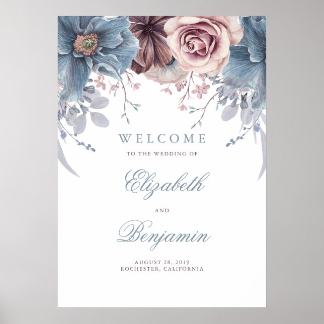Dusty Blue and Mauve Wedding Welcome Sign (Front)