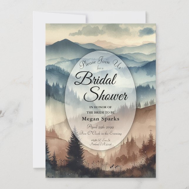 Dusty Blue and Mocha Brown Mountains Bridal Shower Invitation (Front)