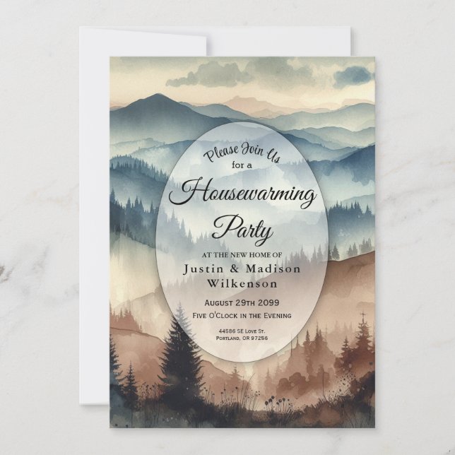 Dusty Blue and Mocha Brown Mountains Housewarming Invitation (Front)