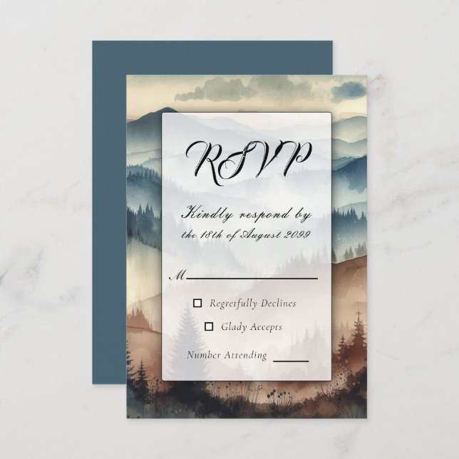 Dusty Blue and Mocha Brown Mountains RSVP Card (Front/Back)