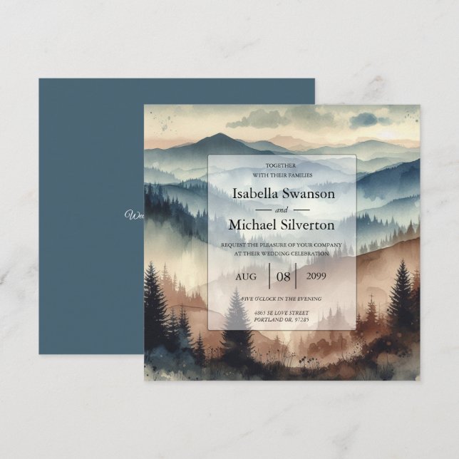 Dusty Blue and Mocha Brown Mountains Wedding Invitation (Front/Back)