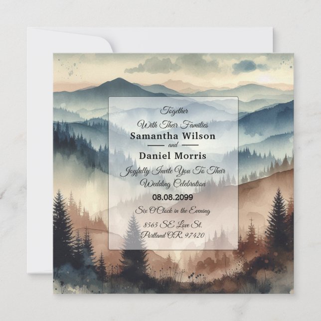 Dusty Blue and Mocha Brown Mountains Wedding Invitation (Front)