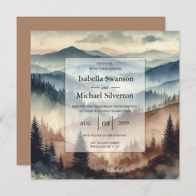 Dusty Blue and Mocha Brown Mountains Wedding Invitation (Front/Back)