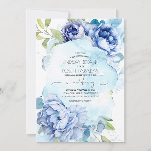 Dusty Blue and Navy Blue Floral Boho Wedding Invitation