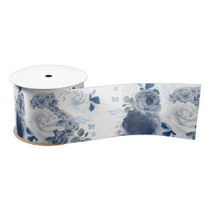 Dusty Blue and Navy Blue Floral Elegant Romantic Satin Ribbon