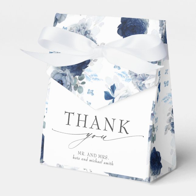 Dusty Blue and Navy Blue Floral Wedding Favor Box (Front Side)