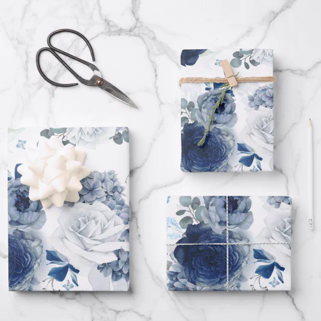 Dusty Blue and Navy Blue Flowers Elegant Botanical Wrapping Paper ...