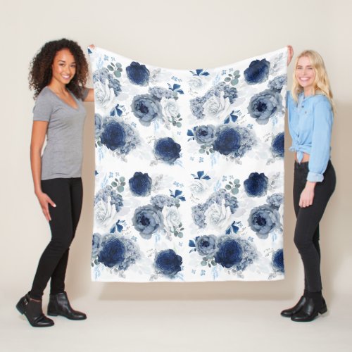 Dusty Blue and Navy Blue Flowers Elegant Stylish Fleece Blanket