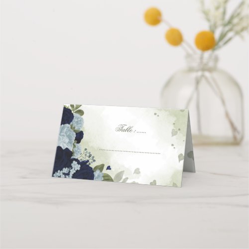 dusty blue and navy blue flowers greenery  place card