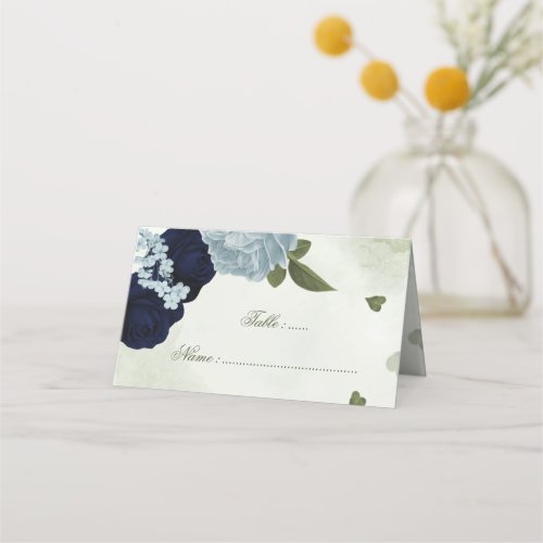 dusty blue and navy blue flowers greenery place card