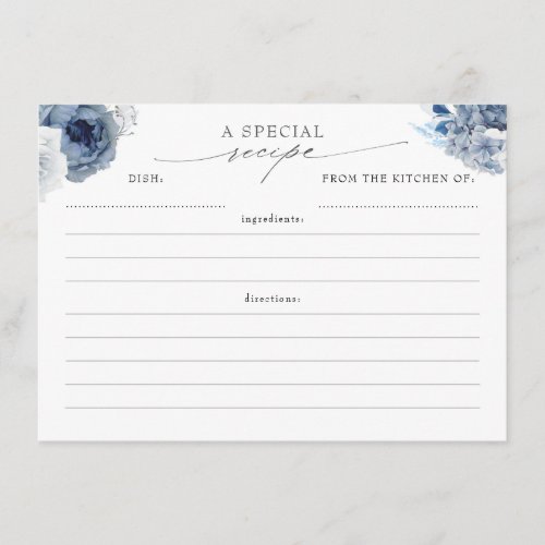 Dusty Blue and Navy Elegant Floral Recipe Cards