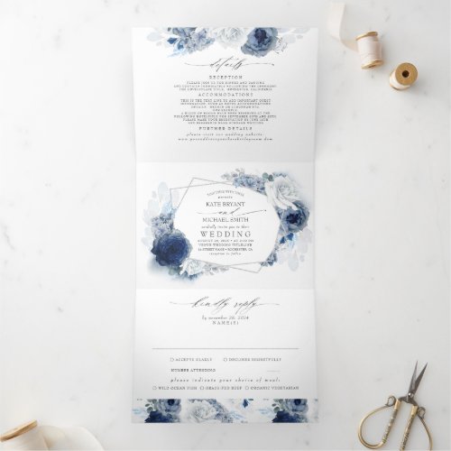 Dusty Blue and Navy Floral Botanical Wedding Tri_F Tri_Fold Invitation