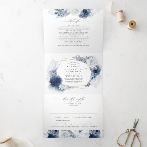 Dusty Blue and Navy Floral Botanical Wedding Tri_Fold Invitation