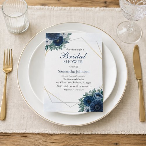 Dusty Blue and navy Floral Bridal Shower Invitation