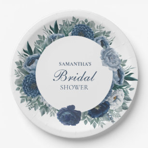 Dusty Blue and navy Floral Bridal Shower Paper Plates