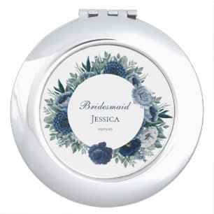 Dusty Blue and navy Floral Bridesmaid gift Compact Mirror