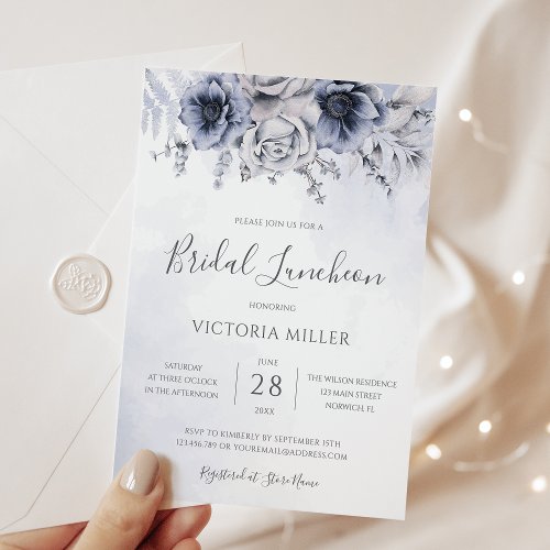 Dusty Blue And Navy Floral Elegant Bridal Luncheon Invitation