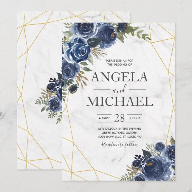 Dusty Blue and Navy Floral Elegant Invitation (Front/Back)