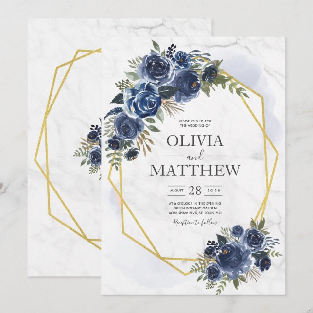 Dusty Blue and Navy Floral Elegant Invitation (Front/Back)