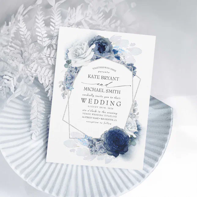 Dusty Blue and Navy Floral Elegant Silver Wedding Invitation | Zazzle