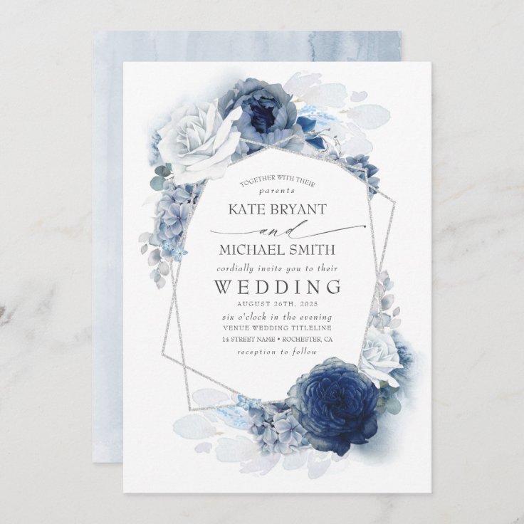 Dusty Blue and Navy Floral Elegant Silver Wedding Invitation | Zazzle